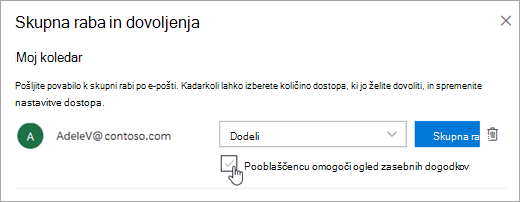 Posnetek zaslona potrditvenega polja Dovoli pooblaščencu ogled zasebnih dogodkov
