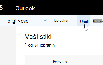 Posnetek zaslona gumba »Uredi« pod Outlookovo vrstico za krmarjenje.