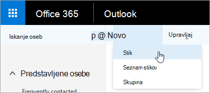 Posnetek zaslona kontekstnega menija za gumb »Novo« z izbrano stikom.