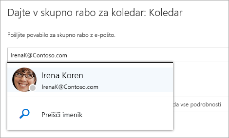 Posnetek zaslona s pogovornim oknom »Daj ta koledar v skupno rabo«.