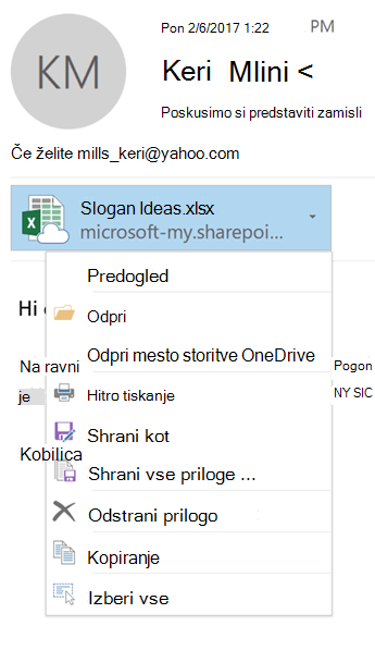 Izberite puščico dol na desni strani ikone priloge, da prikažete meni priloge