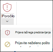 Posnetek zaslona gumba »Poročilo« z izbrano možnostjo »Prijavi lažno predstavljanje« na klasičnem traku v Outlooku v spletu.