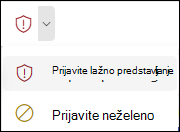 Posnetek zaslona gumba »Poročilo« z izbrano možnostjo »Prijavi lažno predstavljanje« na poenostavljenemu traku v Outlooku v spletu.