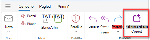 Prikaže Outlookovo orodno vrstico z označenim gumbom »Razpored« s programom Copilot.