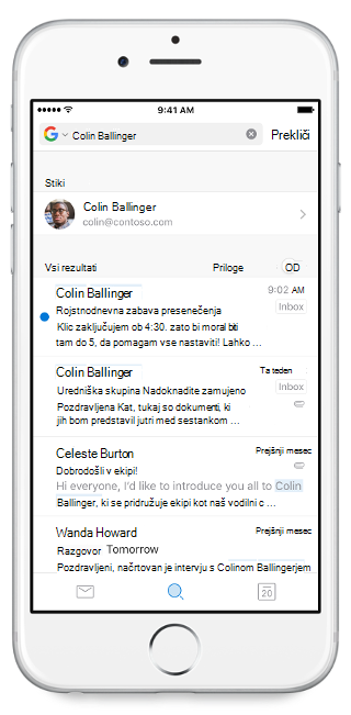 Prikaže zaslon mobilnega telefona z iskalno vrstico na vrhu in vnesenim imenom. Rezultati iskanja so pod iskalno vrstico.