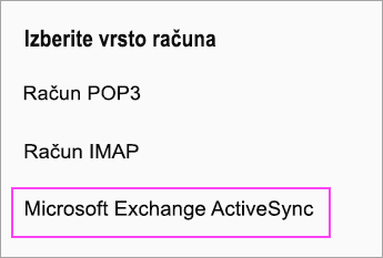 Izberite Microsoft Exchange ActiveSync