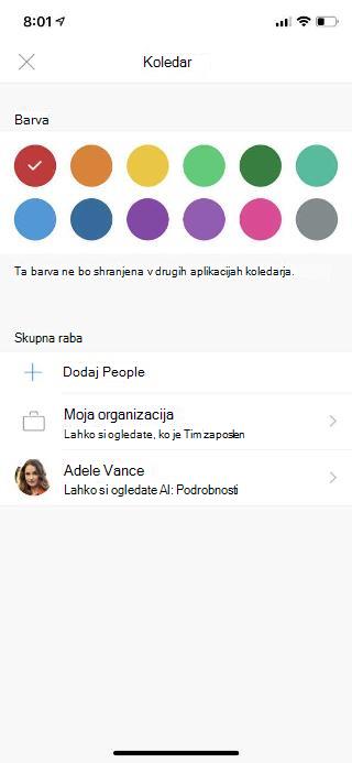 Prikaže zaslon mobilne naprave s programom Calendar na vrhu. Pod razdelkom Skupna raba je nekaj možnosti in ime osebe, ki je bila dodana.