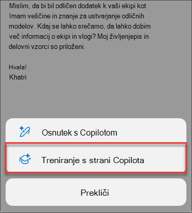Možnost v meniju za mentorstvo storitve Copilot v Outlooku za prenosne naprave