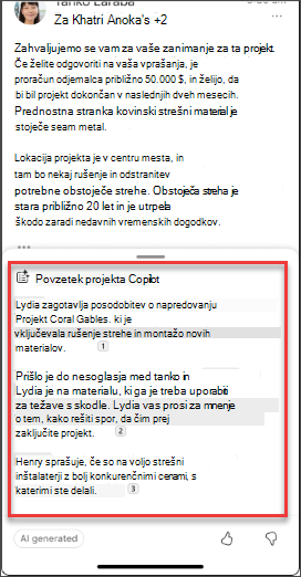 Povzetek e-poštnega sporočila storitve Copilot v sistemih iOS in Android