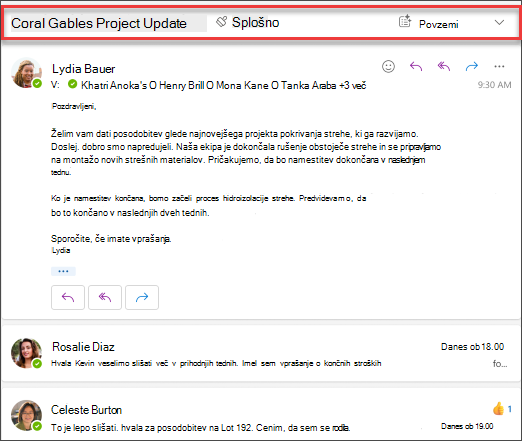 Kliknite Povzemi in ustvarite povzetek niti e-poštnega sporočila s storitvijo Copilot.
