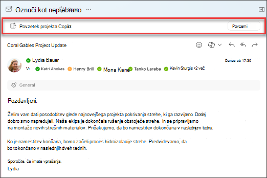 Izberite možnost povzemanja pri storitvi Copilot in ustvarite povzetek niti e-poštnih sporočil.