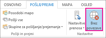 Možnost »Delo brez povezave« na zavihku »Pošlji/prejmi«