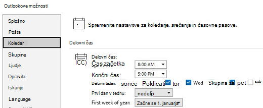 Screenshot of Calendar Work time options