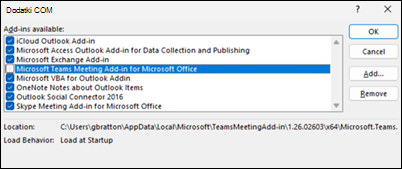 Klasična možnost dodatkov Outlook COM