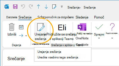 Gumb za urejanje srečanja Prilagodite trak v Outlooku