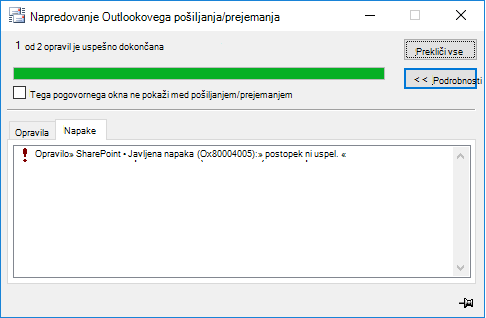 Napaka pri vzpostavljanju povezave s SharePointovo knjižnico dokumentov