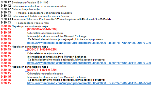 Seznam napak v Outlookovem dnevniku