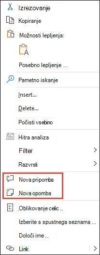 Slika Excelovega priročnega menija, dosegljivega s klikom desne tipke miške