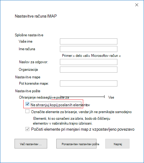 Nastavitve računa IMAP, ne shranjuj kopij poslanih elementov