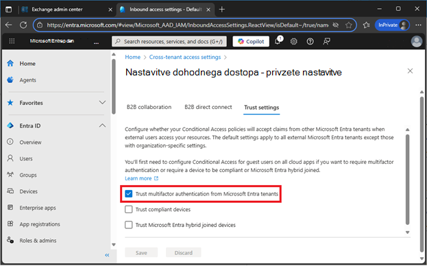 Izberite Zaupaj večkratnemu preverjanju pristnosti pri najemnikih Microsoft Entra