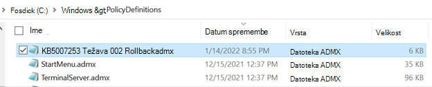 Okno z definicijami pravilnikov