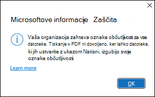 Zaščita podatkov Microsoft PDF ni dovoljen Okno