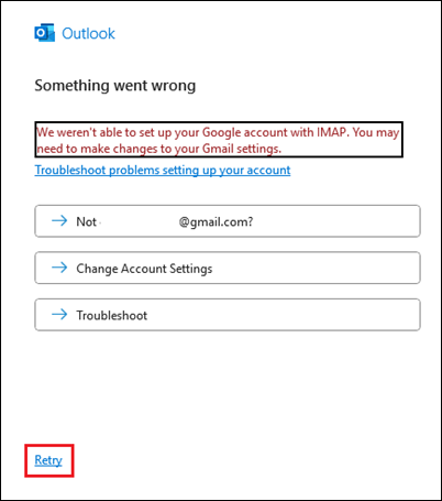 Outlook add Gmail Napaka »Prišlo je do neznane napake«