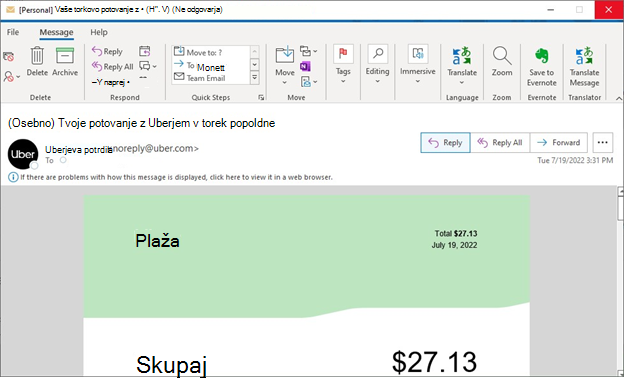 Posnetek zaslona, na katerem je prikazano, kako Outlook preneha gledati e-poštno sporočilo o potrdilu storitve Uber