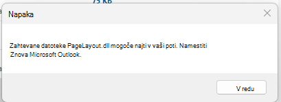 Posnetek zaslona sporočila o napaki, Zahtevane datoteke PageLayout.dll ni mogoče najti