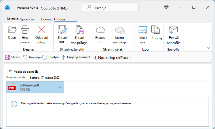 Napaka v datoteki PDF, ko jo poskušate prikazati iz Outlooka