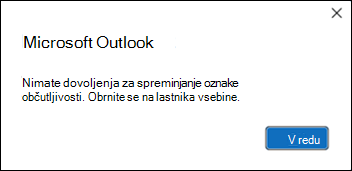 Napaka pri dovoljenju pri uporabi oznake občutljivosti v Outlooku