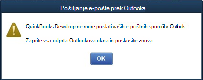 Napaka Quickbooks na namizju ne more poslati e-pošte v Outlooku