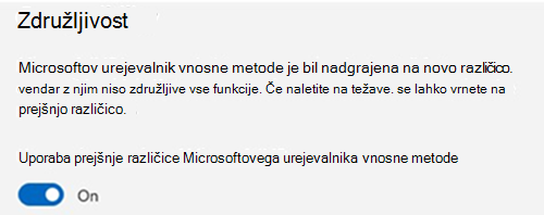 Posnetek zaslona razdelka z združljivostjo Microsoftove urejevalne metode