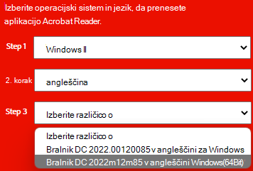 Okno, ki prikazuje spustni seznam namestitvenih različic za Adobe.