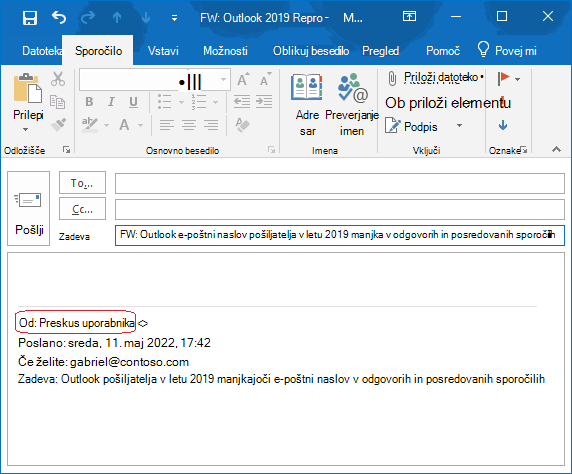 V telesu e-poštnega sporočila manjka e-poštni naslov pošiljatelja izvirnega sporočila