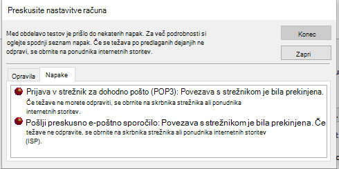 Posnetek zaslona okna »Preskus nastavitev računa« Zavihek »Napake« – POP3