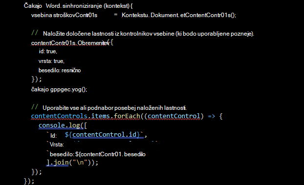 Word posnetek zaslona kode API-ja JavaScript