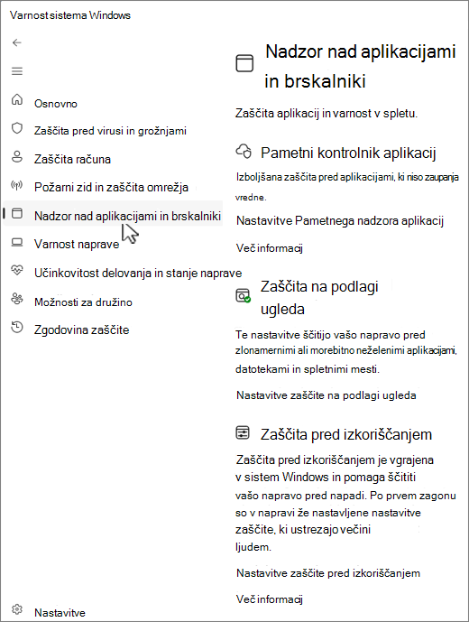 Posnetek zaslona nadzorne strani programa in brskalnika v programu Varnost sistema Windows.