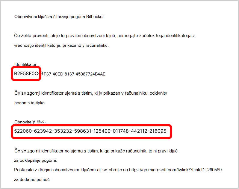 Posnetek zaslona z izpisom obnovitvenega ključa za BitLocker.