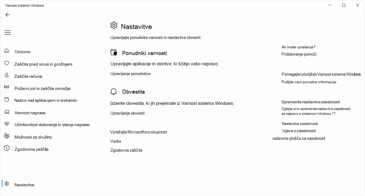Posnetek zaslona strani z nastavitvami aplikacije Varnost sistema Windows.