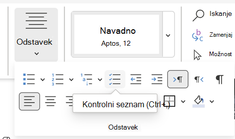 Vstavljanje kontrolnega seznama v Wordu