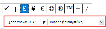 Polje od vam pove, da je to simbol Unicode