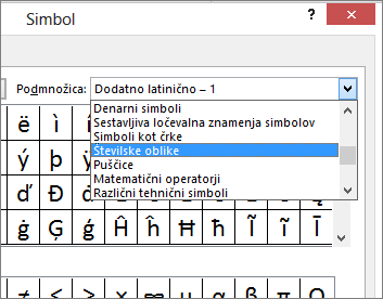 Izberite Številske oblike v pogovornem oknu Podnabor, da prikažete ulomke in druge matematične simbole