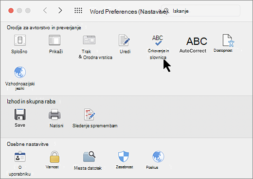 Pogovorno okno Mac Preferences z izbrano možnostjo »Spelling«