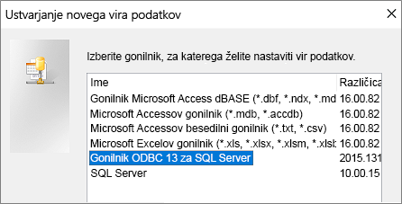 Pogovorno okno »Ustvarjanje novega podatkovnega vira«
