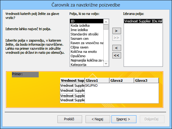 Čarovnik za navzkrižne poizvedbe z ID-ji dobaviteljev. Vrednost izbrana za glave vrstic