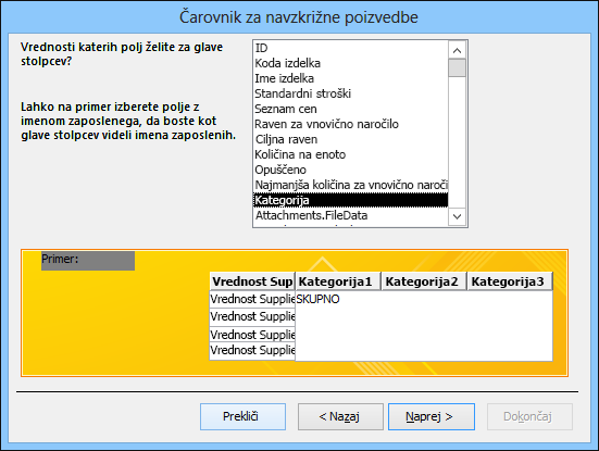 Čarovnik za navzkrižne poizvedbe z izbrano kategorijo za glave stolpcev