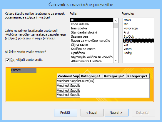 Izberite polje in funkcijo za izračun v čarovniku za navzkrižne poizvedbe.