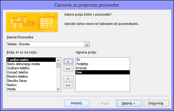 V pogovornem oknu čarovnika za preprosto poizvedbo izberite polja, ki jih želite uporabiti.
