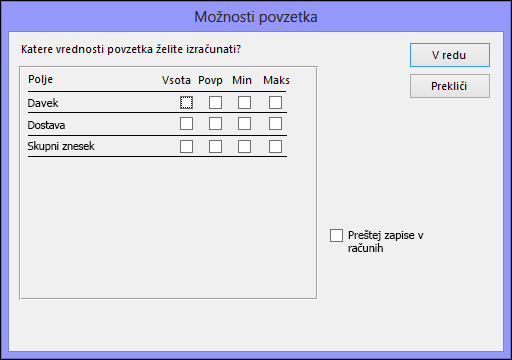 Izberite, kako želite združevati vrednosti povzetka, izračunane v pogovornem oknu z možnostmi povzetka.